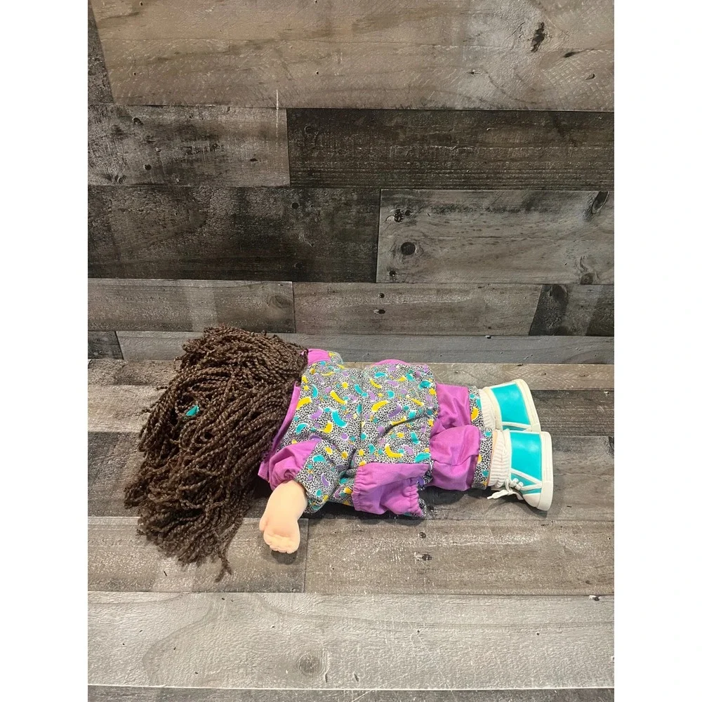 Vintage Cabbage Patch Kids Doll 90s Brown Yarn Hair Blue Eyes Purple Outfit
